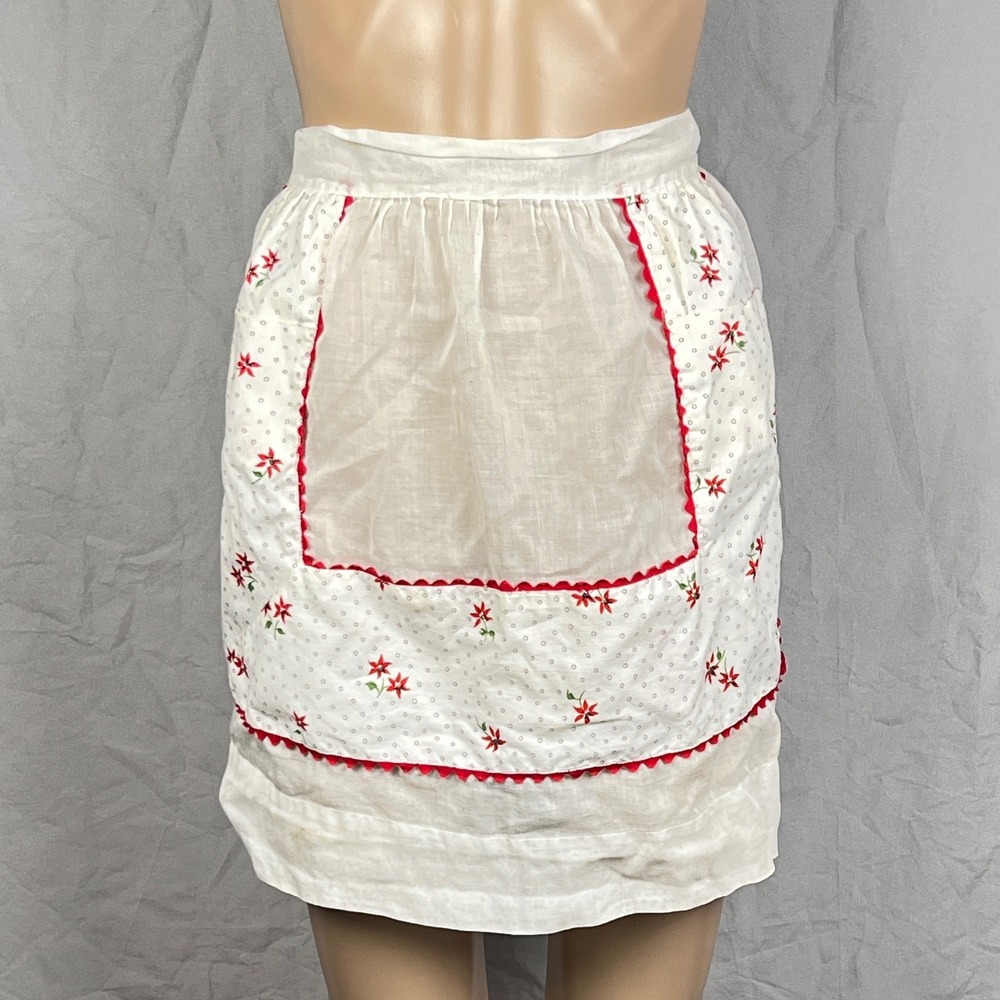 Vintage Half Apron Womens Poinsettia Sheer Rickrack White Cottagecore MCM 50s